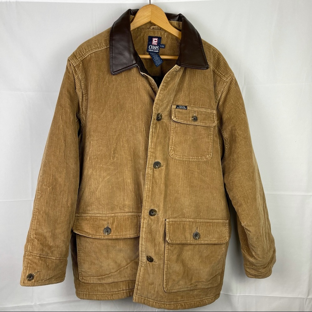 CHAPS Ralph Lauren tan corduroy flannel lined jacket with leather collar